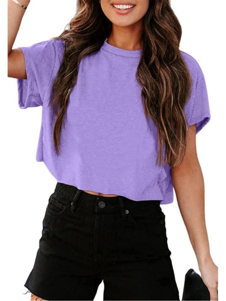 Women's Purple Short Sleeve Crew Neck Loose Casual Drop Shoulder Crop Tops